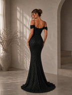 Women’s Glamorous Sequin Spaghetti Strap Cold Shoulder Slim Mermaid Maxi Dress with High Slit
