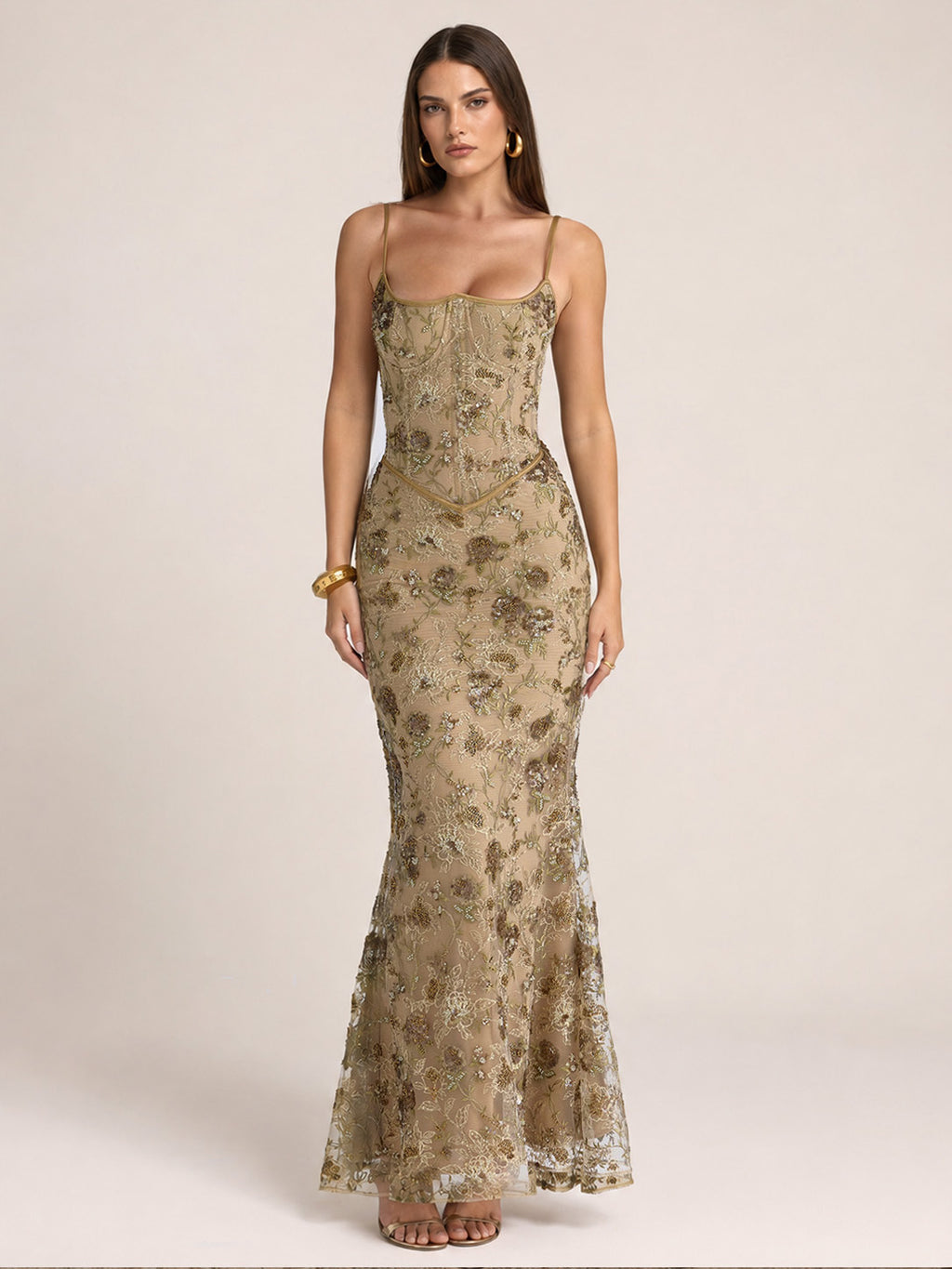 Women’s Taupe Luxe Embroidered Mesh Spaghetti Strap Mermaid Maxi Dress