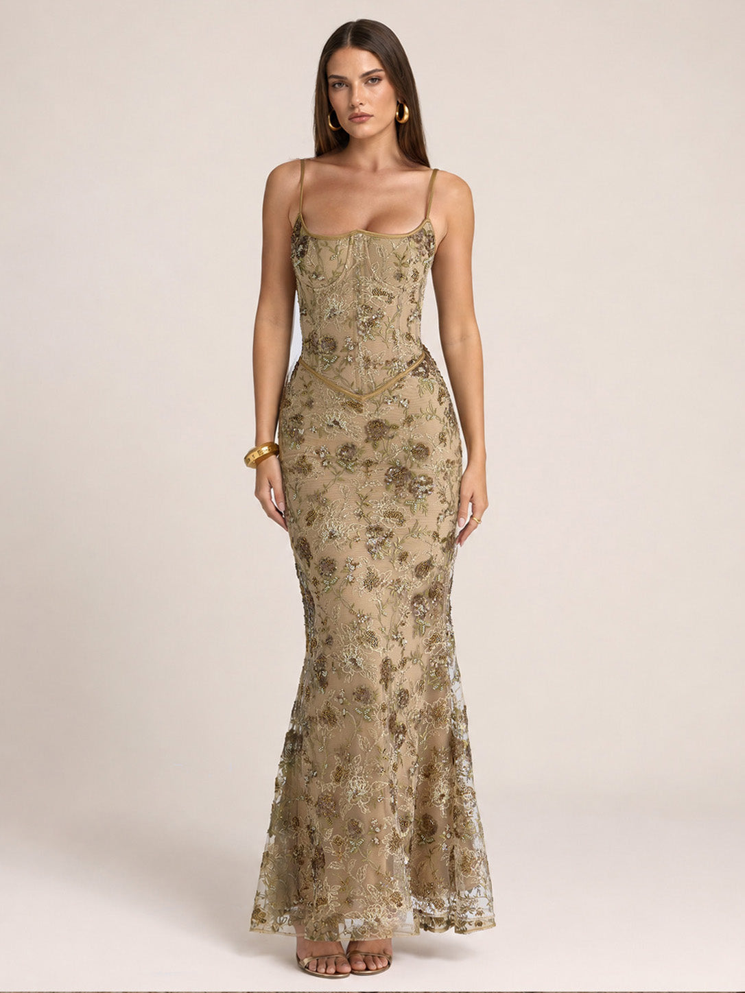 Women’s Taupe Luxe Embroidered Mesh Spaghetti Strap Mermaid Maxi Dress