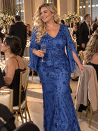 Women’s Teal Blue Elegant Sequin V-Neck Cape Sleeve Mermaid Maxi Dress with Floral Embroidery