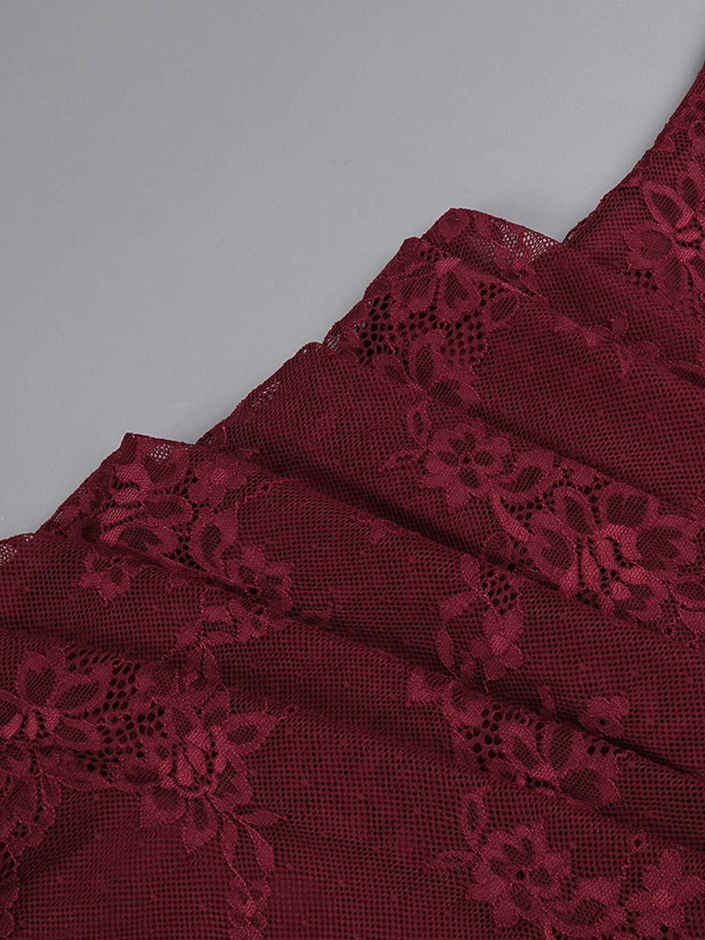 Women’s Burgundy Elegant Floral Lace One Shoulder Sleeveless Sheath Maxi Dress with Asymmetric Ruched Detail
