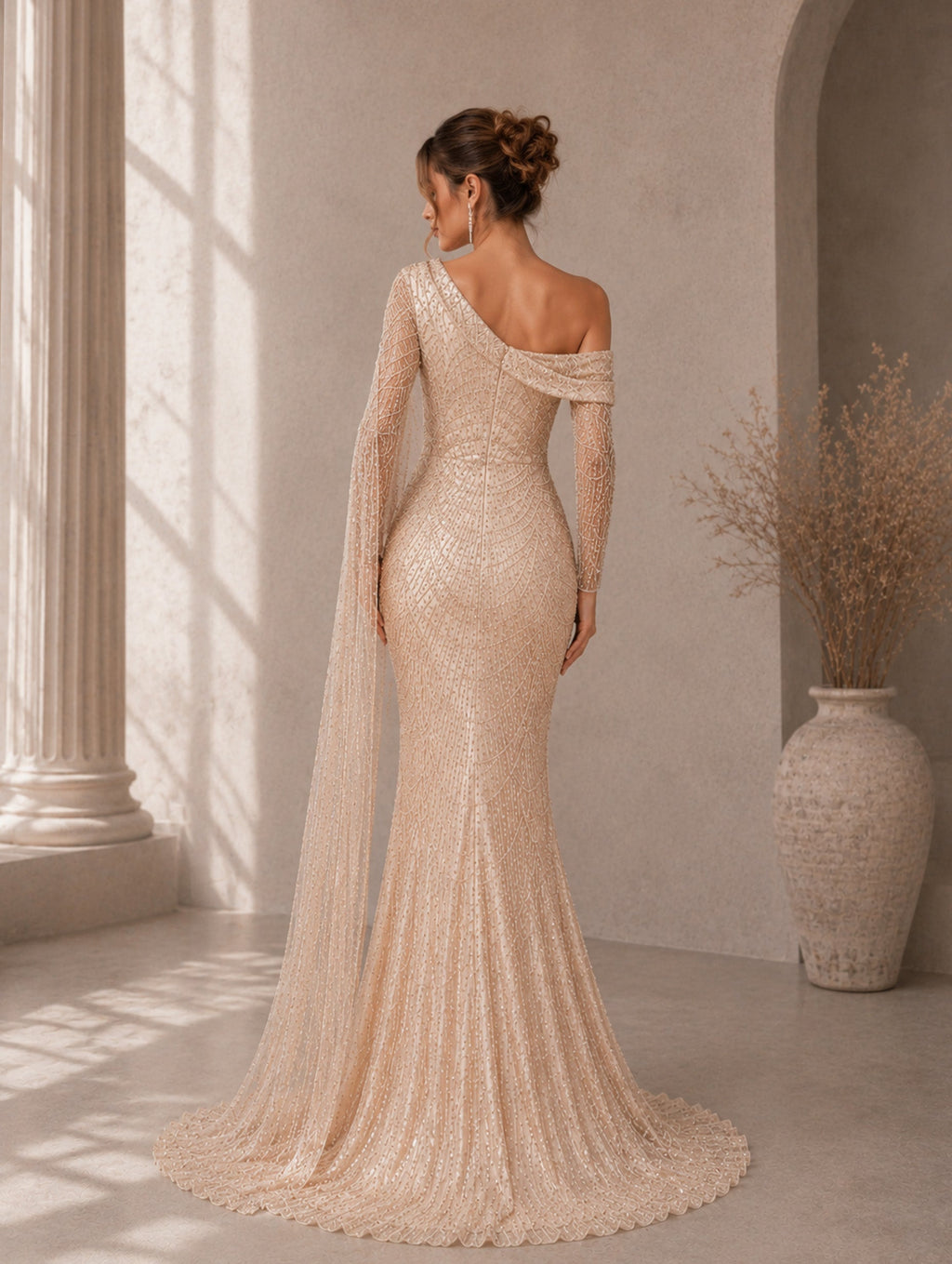 Women’s Elegant Sequin Asymmetrical Neck One Long Sleeve Regular Mermaid Maxi Dress with Beaded Detail