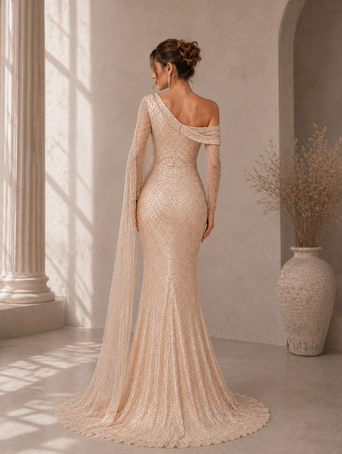 Women’s Elegant Sequin Asymmetrical Neck One Long Sleeve Regular Mermaid Maxi Dress with Beaded Detail