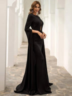 Women’s Black Elegant Knit Round Neck Long Sleeve Column Maxi Dress with Cape Sleeves