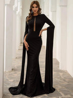 Women’s Black Elegant Knit Round Neck Long Sleeve Column Maxi Dress with Cape Sleeves