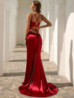Women’s Red Elegant Satin V-Neck Spaghetti Strap Mermaid Maxi Dress with Ruched Waist