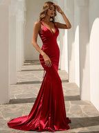Women’s Red Elegant Satin V-Neck Spaghetti Strap Mermaid Maxi Dress with Ruched Waist