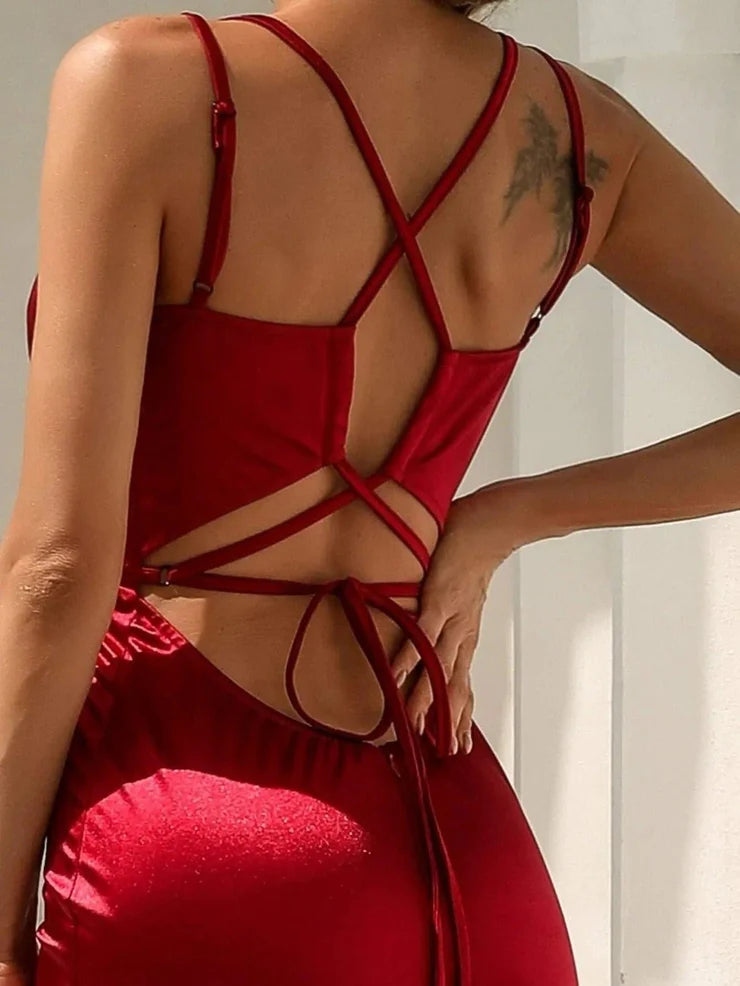 Women’s Red Elegant Satin V-Neck Spaghetti Strap Mermaid Maxi Dress with Ruched Waist