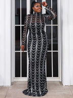 Women’s Black Elegant Sequin Mesh High-Neck Long-Sleeve Plus-Size Maxi Dress with Draped Design