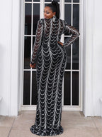 Women’s Black Elegant Sequin Mesh High-Neck Long-Sleeve Plus-Size Maxi Dress with Draped Design