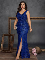 Women’s Olive Glamorous Sequin V Neck Sleeveless High Slit Maxi Dress