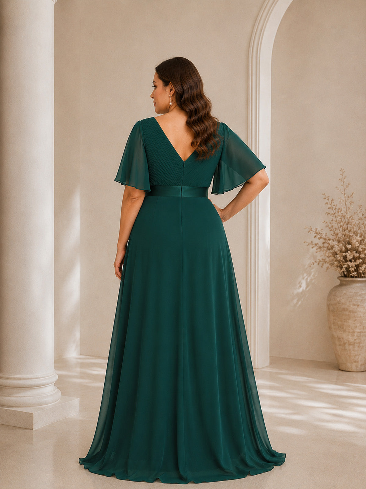 Women’s White Graceful Chiffon V Neck Flutter Short Sleeve A-Line Maxi Dress with Pleated Bodice Detail