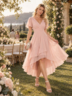 Women’s Emerald Green Elegant Chiffon V-Neck Flutter Sleeve High-Low A-Line Midi Dress with Wrap Detail