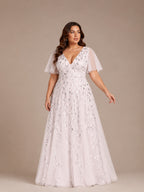 Women’s Burgundy Glamorous Sequin Mesh V Neck Flutter Short Sleeve A-Line Maxi Dress with Embellished Detail