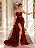 Women’s Champagne Gold Glamorous Sequin One Shoulder Sleeveless Mermaid Maxi Dress with Ruched Detail, High Slit and Lace-Up Back