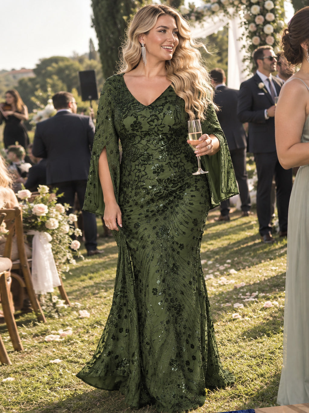Women’s Teal Blue Elegant Sequin V-Neck Cape Sleeve Mermaid Maxi Dress with Floral Embroidery
