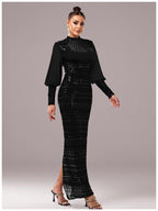 Women’s Black Elegant Sequin High Neck Puff Sleeve Long Sleeve Bodycon Maxi Dres