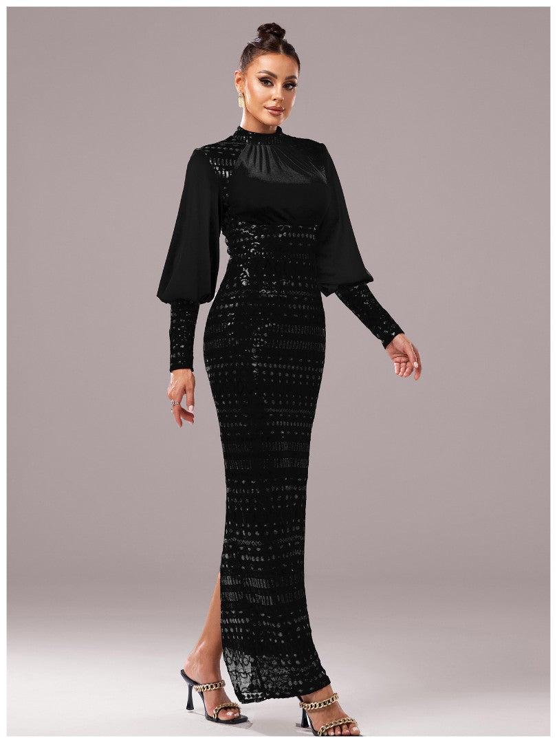 Women’s Black Elegant Sequin High Neck Puff Sleeve Long Sleeve Bodycon Maxi Dres