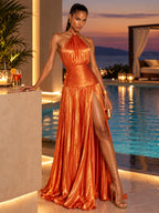 Women’s Metallic Glamorous Halter Neck Sleeveless Backless A-Line Maxi Dress with Ruched Waist and High Slit