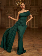 Women’s Dark Green Elegant One-Shoulder Sleeveless Tailored Maxi Dress