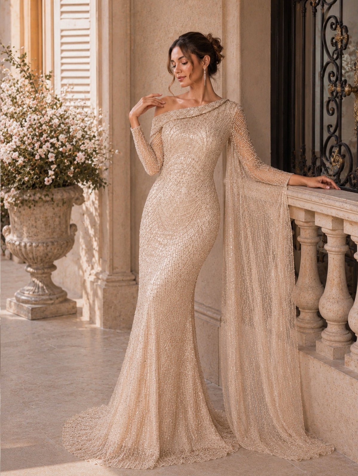 Women’s Elegant Sequin Asymmetrical Neck One Long Sleeve Regular Mermaid Maxi Dress with Beaded Detail