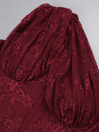 Women’s Burgundy Elegant Floral Lace One Shoulder Sleeveless Sheath Maxi Dress with Asymmetric Ruched Detail