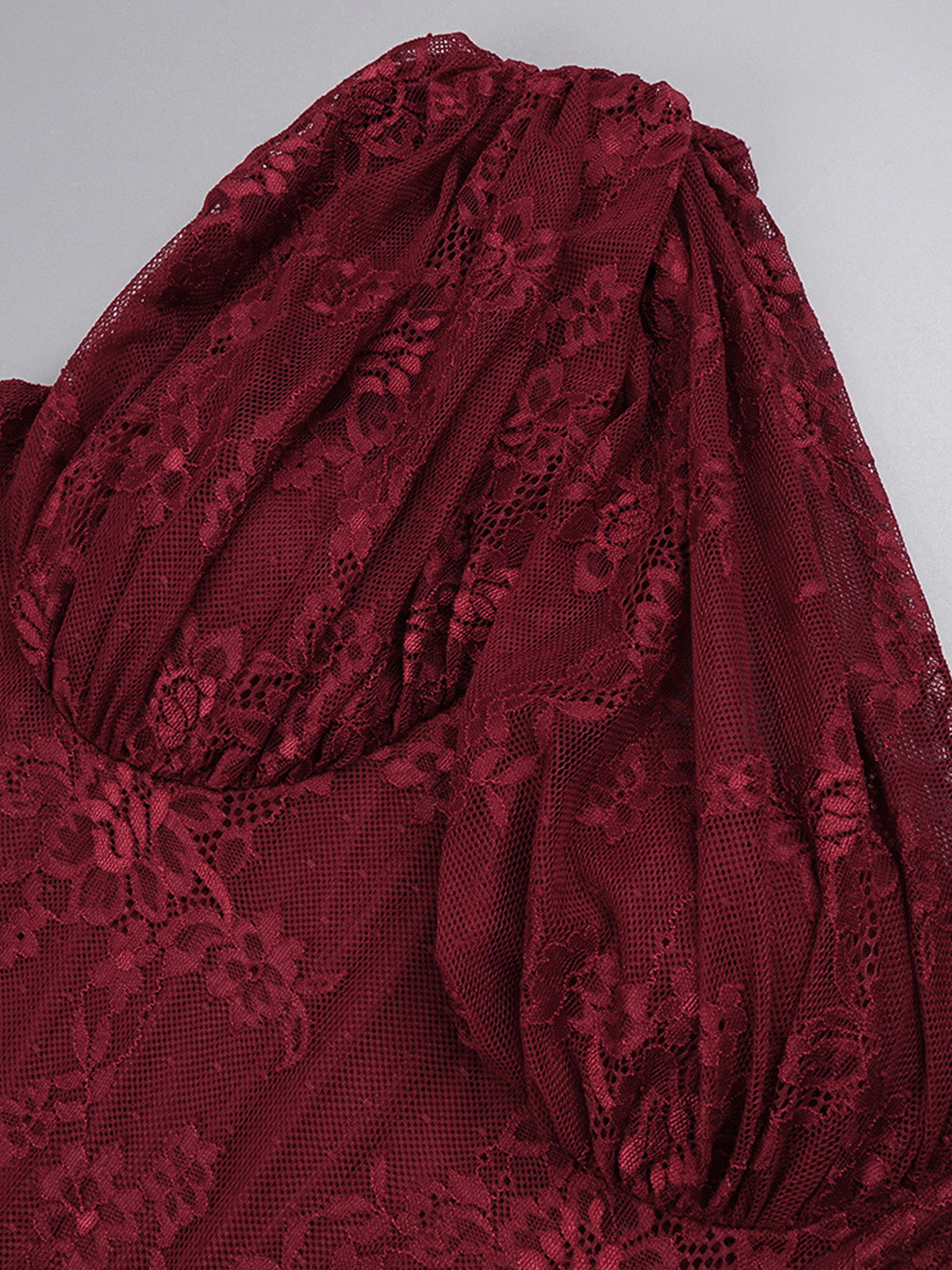 Women’s Burgundy Elegant Floral Lace One Shoulder Sleeveless Sheath Maxi Dress with Asymmetric Ruched Detail