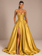 Women’s Black Glamorous Satin Strapless Sweetheart Neck Sleeveless A-Line Maxi Dress with Sequin Detail, Corset Waist and High Slit