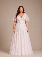 Women’s Burgundy Glamorous Sequin Mesh V Neck Flutter Short Sleeve A-Line Maxi Dress with Embellished Detail