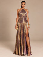 Women’s Metallic Glamorous Halter Neck Sleeveless Backless A-Line Maxi Dress with Ruched Waist and High Slit