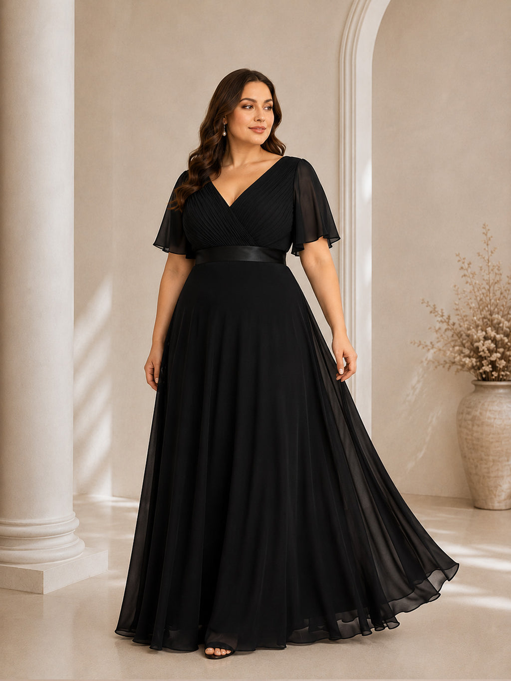 Women’s White Graceful Chiffon V Neck Flutter Short Sleeve A-Line Maxi Dress with Pleated Bodice Detail