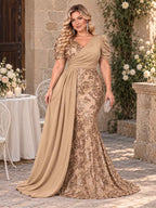 Women’s Teal Blue Elegant Sequin V-Neck Short Puff Sleeve Mermaid Maxi Dress with Draped Overlay Detail