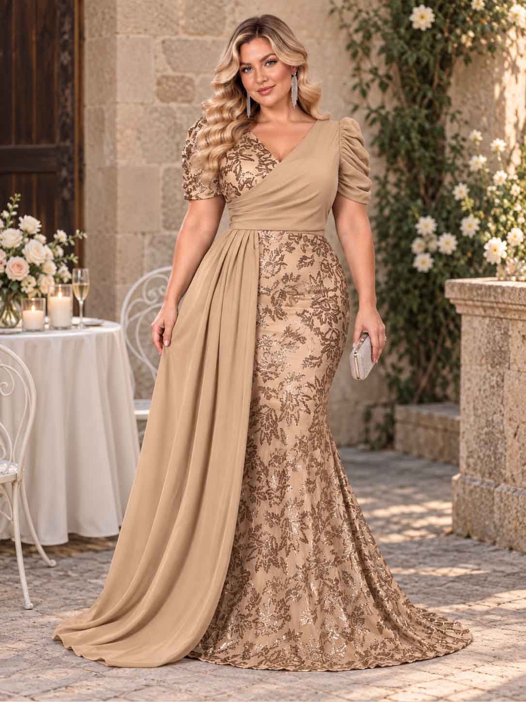 Women’s Teal Blue Elegant Sequin V-Neck Short Puff Sleeve Mermaid Maxi Dress with Draped Overlay Detail