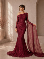 Women’s Elegant Sequin Asymmetrical Neck One Long Sleeve Regular Mermaid Maxi Dress with Beaded Detail