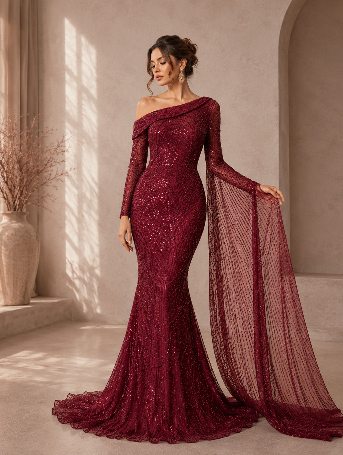Women’s Elegant Sequin Asymmetrical Neck One Long Sleeve Regular Mermaid Maxi Dress with Beaded Detail
