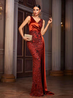 Women’s Red Elegant Satin Asymmetric Neck Sleeveless Mermaid Maxi Dress with Sequin Lace and Drape Detail
