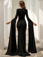 Women’s Black Elegant Knit Round Neck Long Sleeve Column Maxi Dress with Cape Sleeves