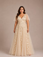 Women’s Burgundy Glamorous Sequin Mesh V Neck Flutter Short Sleeve A-Line Maxi Dress with Embellished Detail