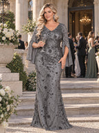 Women’s Teal Blue Elegant Sequin V-Neck Cape Sleeve Mermaid Maxi Dress with Floral Embroidery