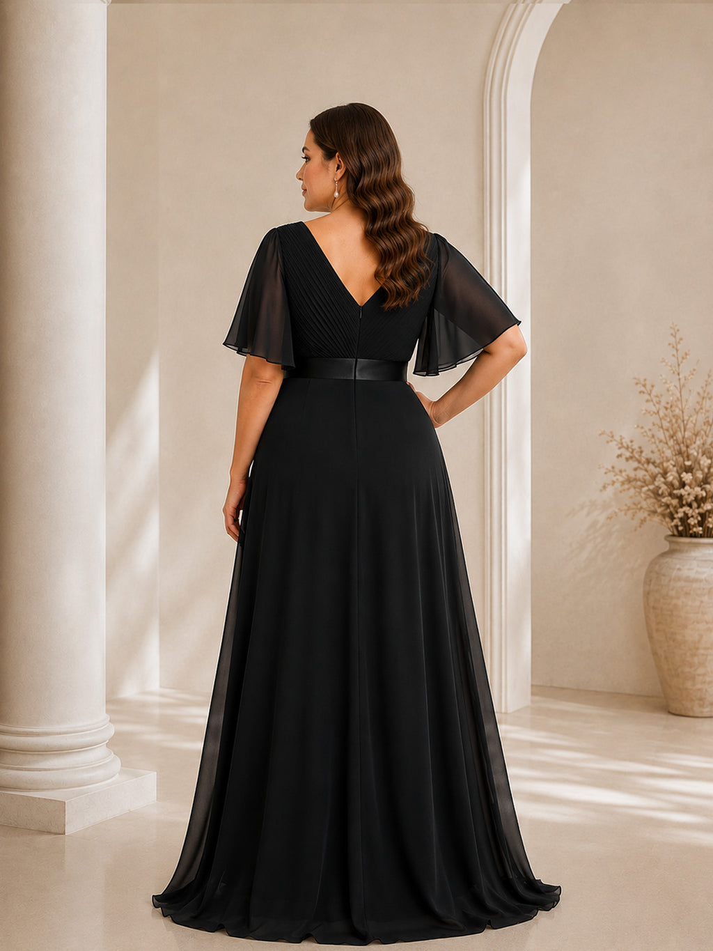 Women’s White Graceful Chiffon V Neck Flutter Short Sleeve A-Line Maxi Dress with Pleated Bodice Detail