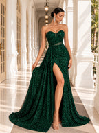 Women’s Champagne Gold Glamorous Sequin One Shoulder Sleeveless Mermaid Maxi Dress with Ruched Detail, High Slit and Lace-Up Back