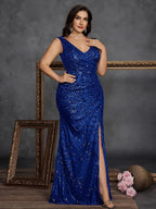 Women’s Olive Glamorous Sequin V Neck Sleeveless High Slit Maxi Dress