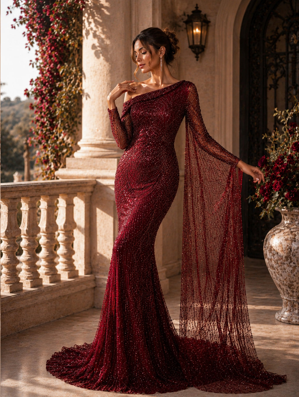 Women’s Elegant Sequin Asymmetrical Neck One Long Sleeve Regular Mermaid Maxi Dress with Beaded Detail