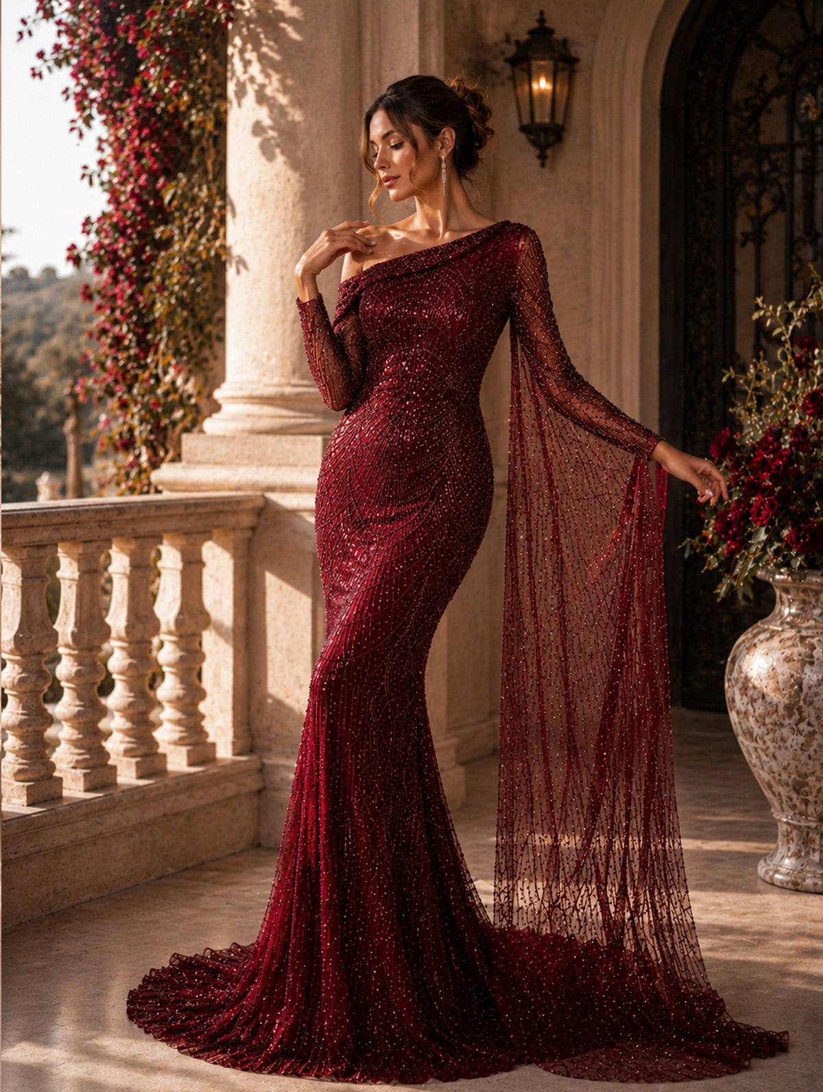Women’s Elegant Sequin Asymmetrical Neck One Long Sleeve Regular Mermaid Maxi Dress with Beaded Detail
