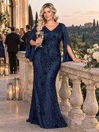 Women’s Teal Blue Elegant Sequin V-Neck Cape Sleeve Mermaid Maxi Dress with Floral Embroidery