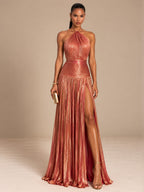 Women’s Metallic Glamorous Halter Neck Sleeveless Backless A-Line Maxi Dress with Ruched Waist and High Slit