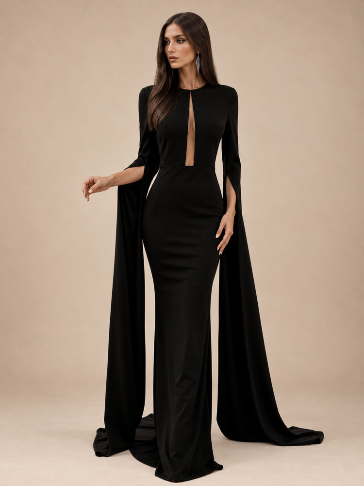 Women’s Black Elegant Knit Round Neck Long Sleeve Column Maxi Dress with Cape Sleeves
