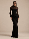 Women’s Black Elegant Mesh Asymmetric Neck Long Sleeve Mermaid Maxi Dress with Draped Waist