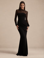 Women’s Black Elegant Mesh Asymmetric Neck Long Sleeve Mermaid Maxi Dress with Draped Waist