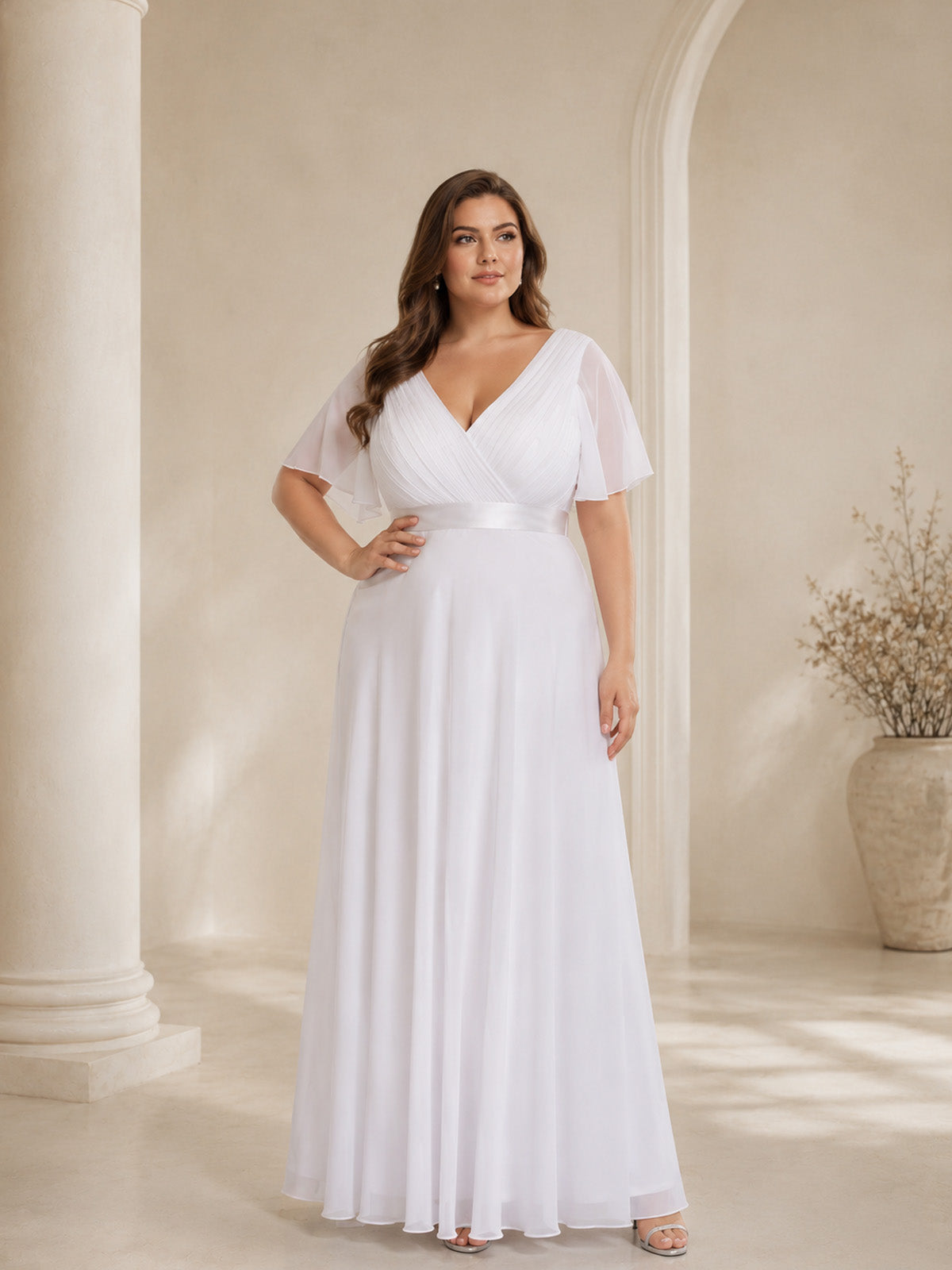 Women’s White Graceful Chiffon V Neck Flutter Short Sleeve A-Line Maxi Dress with Pleated Bodice Detail
